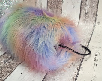 Luxury Unicorn Rainbow Girls Faux Fur Hand Muff, Lined Long Pile Vintage Style Girls Hand Muff