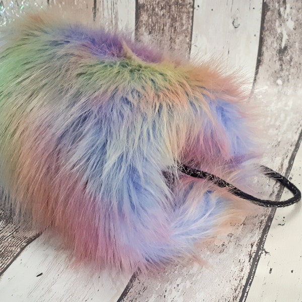 Luxury Unicorn Rainbow Girls Faux Fur Hand Muff, Lined Long Pile Vintage Style Girls Hand Muff