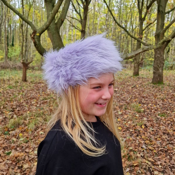 Lilac Long Pile Faux Fur Headband, Lilac Fake Fur Hat, Women and Children sizes available, Faux Fur Ear Warmers, Faux Fur Hat, Fake Fur Hat