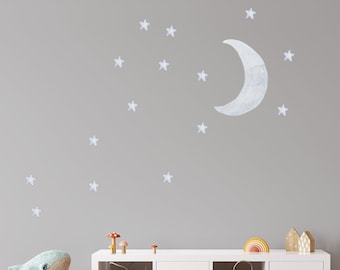 Nursery stickers dreamy watercolour moon & stars decals fabric wall pattern hand-painted celestial playroom or bedroom décor, eco friendly