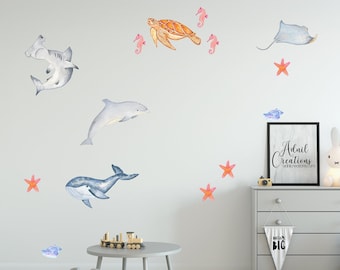 Kids bedroom wall sticker nautical theme hand painted watercolour ocean scene reusable fabric wall stickers for playroom or nursery