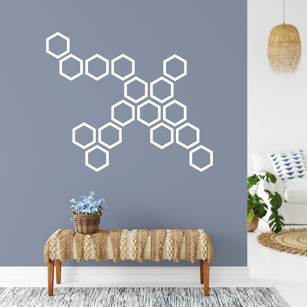 Set of 50 hollow hexagon stickers, Wall confetti decals, Geometric pattern mural