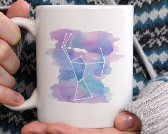 Coffee mug printed with hand painted watercolour Orion stars and celestial design astronomy lover gift for coffee or tea gift set coaster
