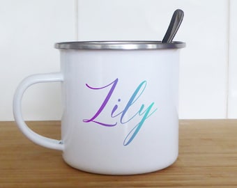 Any name, Personalised enamel mug for a truly unique and inspiring sipping experience