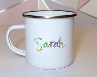Personalised enamel mug with any name printed camping travel tin mug customised with name matching coaster gift set