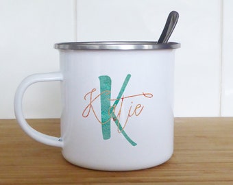 Personalised camping mug enamel tin coffee mug with any name