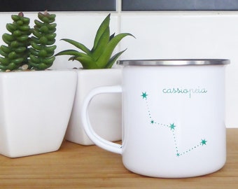 Drink in the Magic of the Night Sky with Cassiopeia Constellation Enamel Mug, Astronomy gift idea