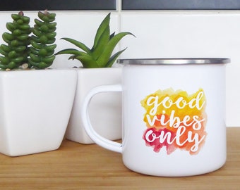 Printed enamel camping travel tin mug "Good vibes only" watercolour printed mug gift set for birthdays camper van owner gift ideas