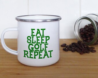 Eat Sleep Golf Repeat, Enamel Mug, Classic Green and White Design for Golf Lovers, Perfect Gift for Avid Golfers