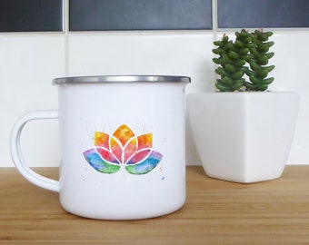 Camping mug with hand painted watercolour lotus for yoga enthusiasts yogis rugged enamel mug for coffee or hot cocoa camping or travel