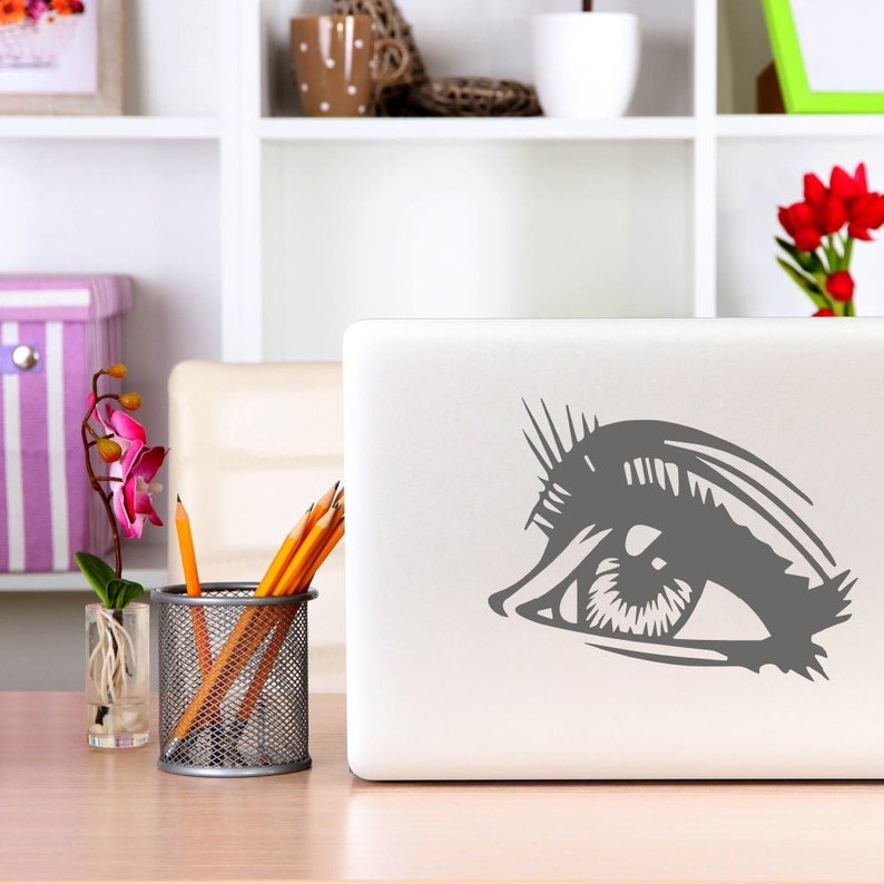 Comic book style eye vinyl laptop decal in charcoal