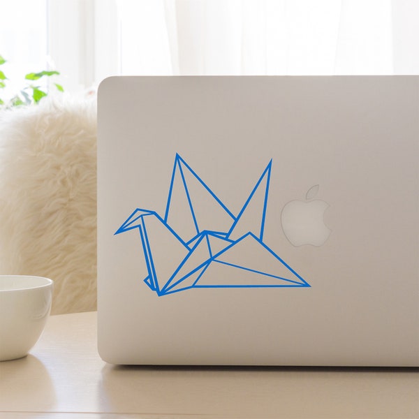 Origami crane decal, Geometric laptop sticker, Paper folding MacBook design