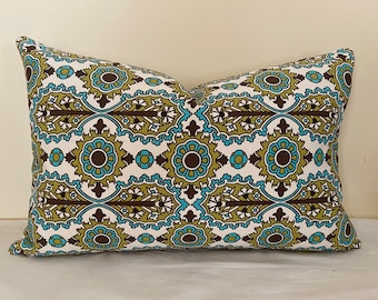 green, brown, aqua pillow cover with self welt. 13 x 20 12x24 13x24 lumbar pillow cover. Accent pillow.