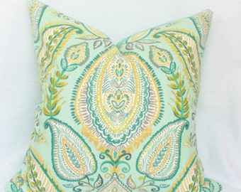 Aqua blue, teal & citrine decorative pillow cover. 18" x 18". 20" x 20", 22" x 22". 24" x 24". 26" x 26" . Accent pillow.