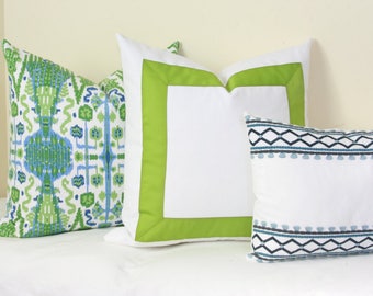 Green ribbon border decorative throw pillow cover 18x18 20x20 22x22 24x24 26x26 28x28 Euro sham Kiwi Lime Apple or Choose ribbon color