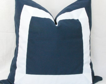 Blue twill ribbon border decorative throw pillow cover. 18" x 18". 20" x 20". 22" x 22". 24" x 24". 26" x 26" Euro sham.Toss pillow.