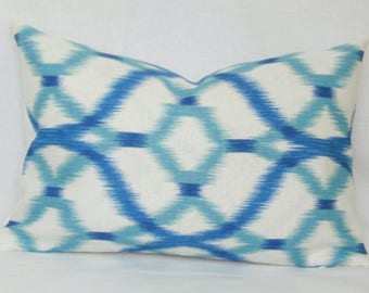 Blue & aqua ikat decorative throw pillow cover. 12" x 18" lumbar.