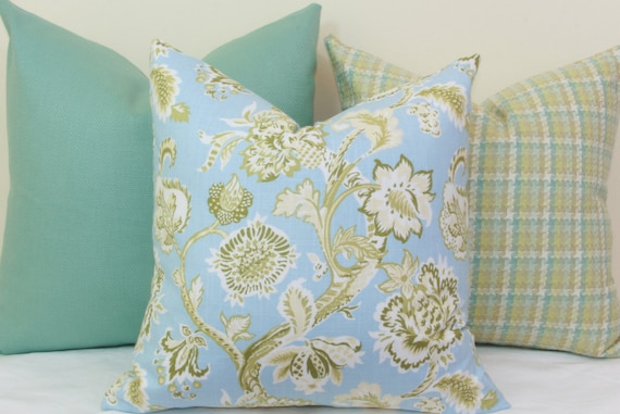 Green and blue floral decorative throw pillow cover. 18 x 18. 20 x 20. 22 x 22. 24 x 24. 26 x 26. lumbar sizes