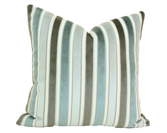 Blue brown gray velvet stripe pillow cover 18x18 20x20 22x22 24x24 26x26 Euro sham 12x24 14x24 14x26 16x24 16x26 Robert Allen velvet