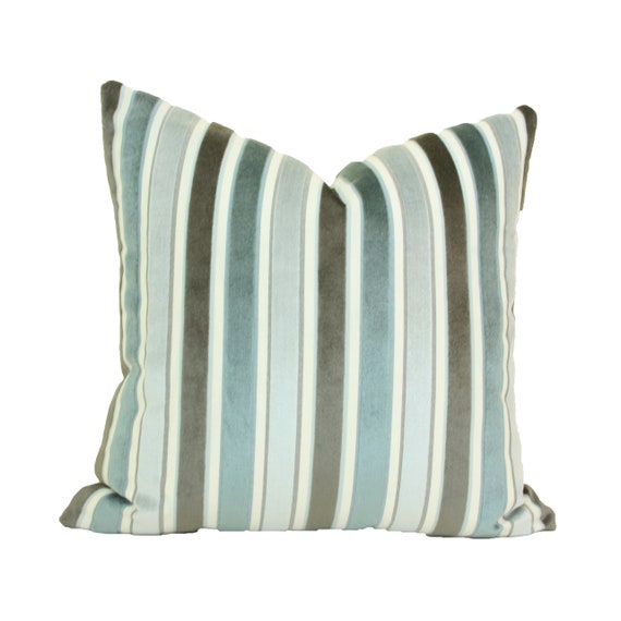 Blue brown gray velvet stripe pillow cover 18x18 20x20 22x22 24x24 26x26 Euro sham 12x24 14x24 14x26 16x24 16x26 Robert Allen velvet
