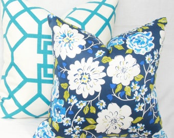 Blue & green floral decorative throw pillow cover. 18" x 18" pillow cover. Blue white pillow cover. Blue turquoise pillow cover