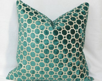 Teal geo velvet pillow cover 18x18 20x20 22x22 24x24 26x26 Euro sham velvet Lumbar pillow Peacock pillow Emerald pillow Robert Allen pillow