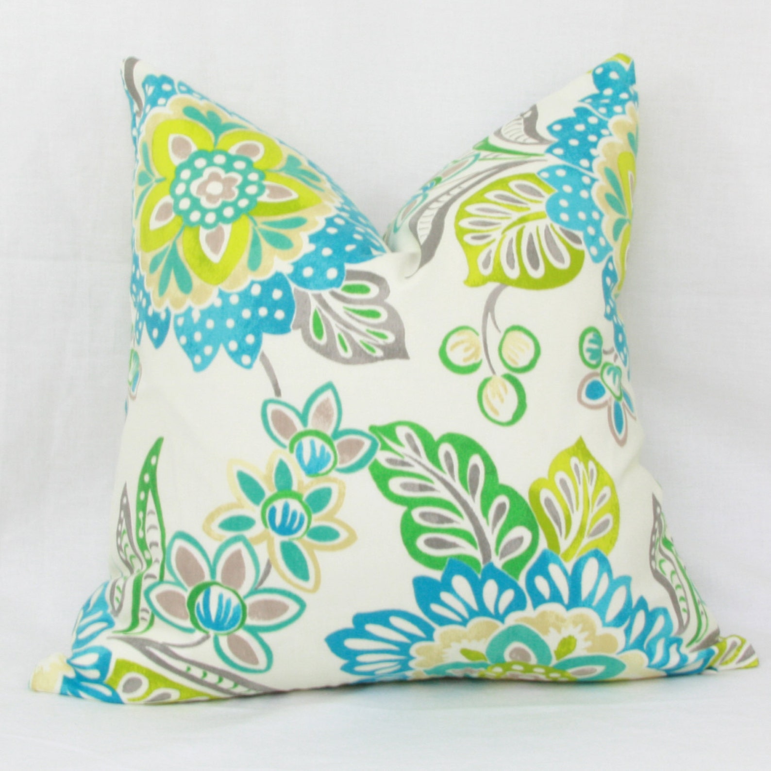 Teal Aqua Blue & Lime Green Floral Decorative Pillow Etsy