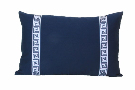 Navy Greek Key Ribbon Border Decorative Throw Pillow Cover 12x20