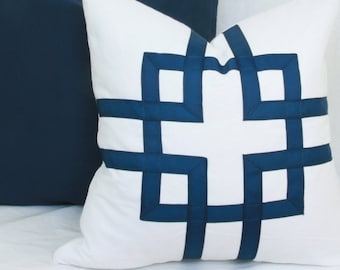 Blue & white geometric ribbon decorative throw pillow cover. 18 " x 18". 20" x 20". 22" x 22". 24" x 24". toss pillow.