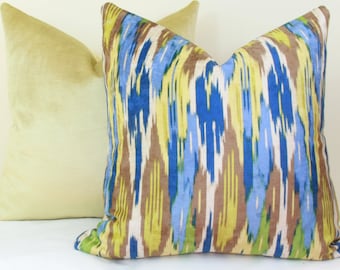 Blue brown green ikat velvet pillow cover 18x18 20x20 22x22 24x24 26x26 28x28 Euro sham Blue Lumbar pillow 12x20 12x24 14x24 14x26 16x26 36