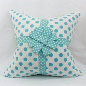 Light teal & creme decorative throw pillow cover with ribbon and bow. 18' x 18" children's/girl's pillow.nursery pillow.