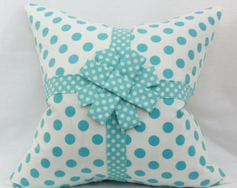 Light teal & creme decorative throw pillow cover with ribbon and bow. 18' x 18" children's/girl's pillow.nursery pillow.