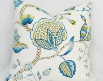 Blue & green floral decorative throw pillow cover. 18 x 18. 20 x 20. 22 x 22. 24 x 24. 26 x 26. lumbar sizes. Accent pillow.