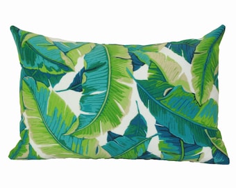 Banana leaf lumbar pillow cover 12x18 12x20 13x20 Tropical lumbar Palm leaf lumbar Hawaiian pillow Outdoor lumbar pillow Green turquoise