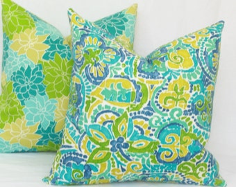 Blue & green indoor/outdoor throw pillow cover. 18x18 20x20 22x22 24x24 outdoor pillow cover.