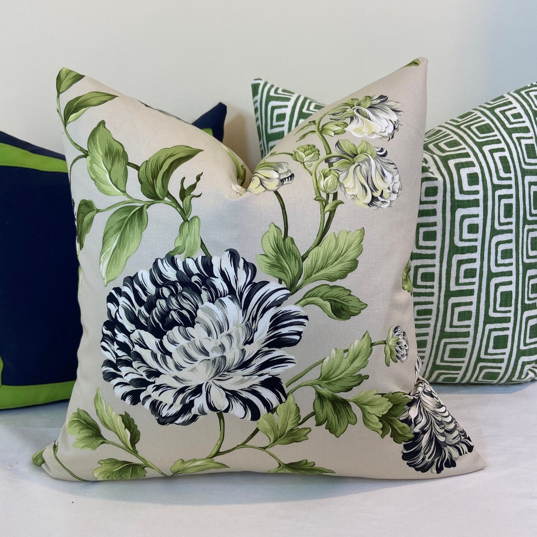 Black, Green Floral Decorative Throw Pillow Cover 18x18 20x20 22x22