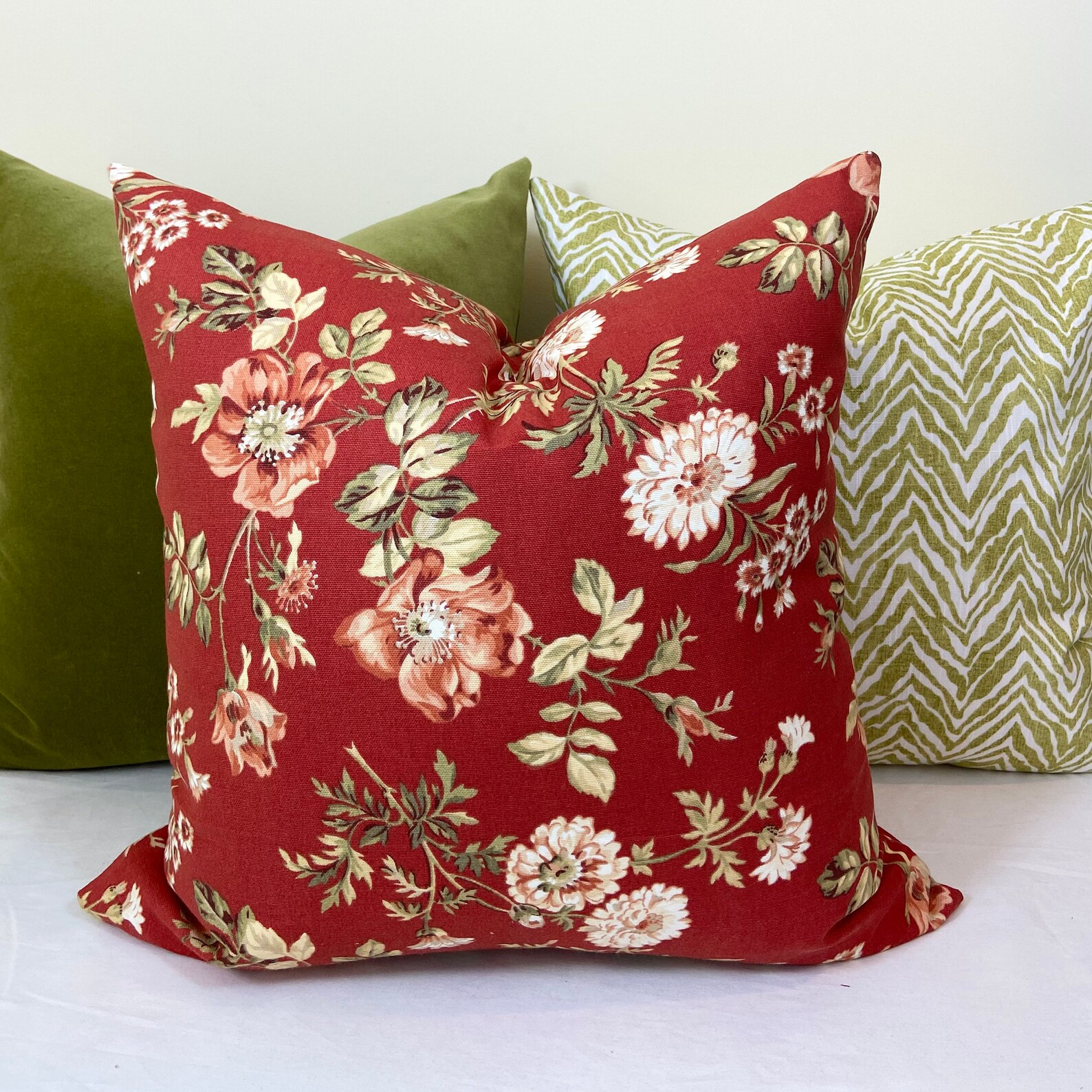 Red green floral pillow cover 18x18 20x20 22x22 24x24 26x26 Etsy