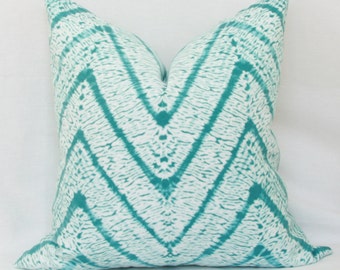 Turquoise & white batik chevron indoor/outdoor throw pillow cover. 18 x 18 outdoor pillow cover