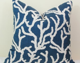 Navy & cream coral design embroidered decorative throw pillow cover 18x18 20x20 22x22 24x24 26x26 Blue Euro sham Navy lumbar pillow Blue