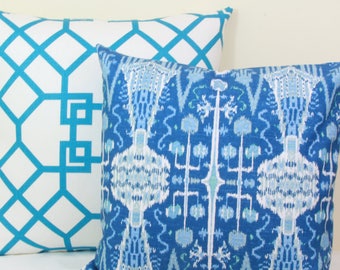 Blue pillow covers 18x18. 20x20 pillow covers. 22x22 pillow covers. 24x24 pillow covers. blue lumbar pillow. blue ikat pillow. 16x26 pillow