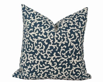 Navy coral reef outdoor pillow cover 16x16 18x18 20x20 22x22 24x24 26x26 12x20 12x24 14x24 14x26 16x24 16x26 Seaside Coastal Blue white