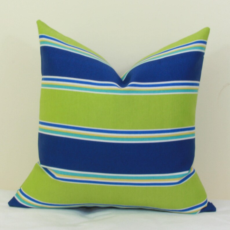 Blue green stripe indoor/outdoor throw pillow cover. 18x18 Etsy