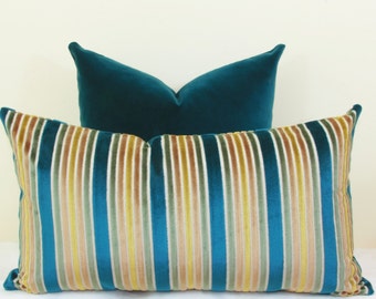 Peacock gold velvet stripe pillow cover  22x22 24x24 Teal Lumbar pillow 12x20 12x24 12x26