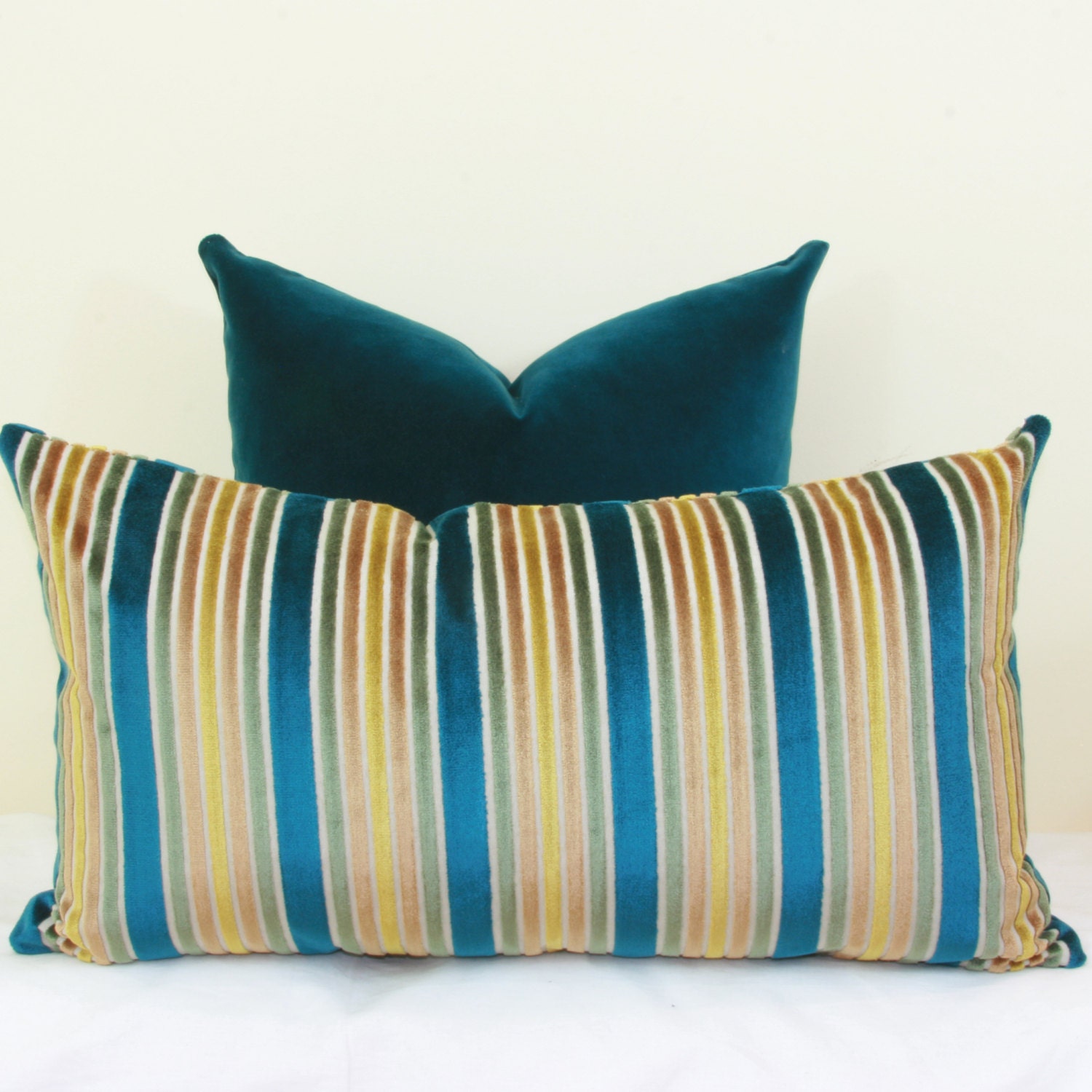 Peacock Gold Velvet Stripe Pillow Cover 22x22 24x24 Teal Lumbar