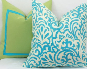 Aqua ivory scroll throw pillow cover 18x18 20x20 22x22 24x24 26x26 Euro sham Aqua lumbar pillow 12x24 14x24 14x26 16x24 16x26