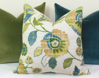 Teal green gold floral pillow cover 20x20 13x20