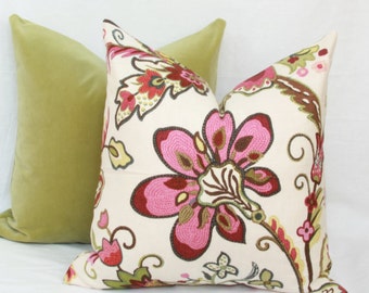 Pink crewel floral throw pillow cover 18x18 20x20 22x22 24x24 26x26 Euro sham pink Lumbar pillow Pink floral 12x20 12x24 14x26 16x24 16x26