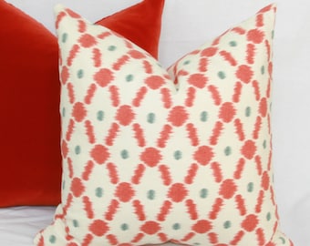 Coral red ikat dot decorative throw pillow cover. 18" x 18" pillow cover. Red ikat pillow Red dot pillow Red white pillow