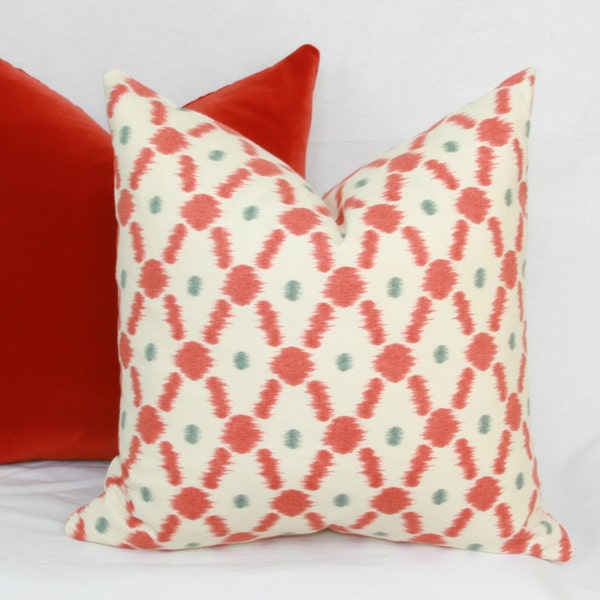 Coral red ikat dot decorative throw pillow cover. 18" x 18" pillow cover. Red ikat pillow Red dot pillow Red white pillow