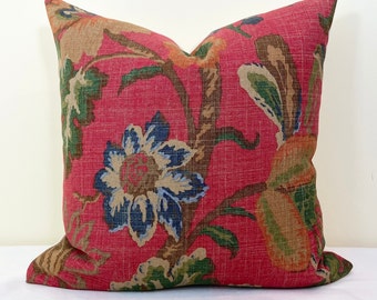Red green blue Jacobean floral cotton pillow cover